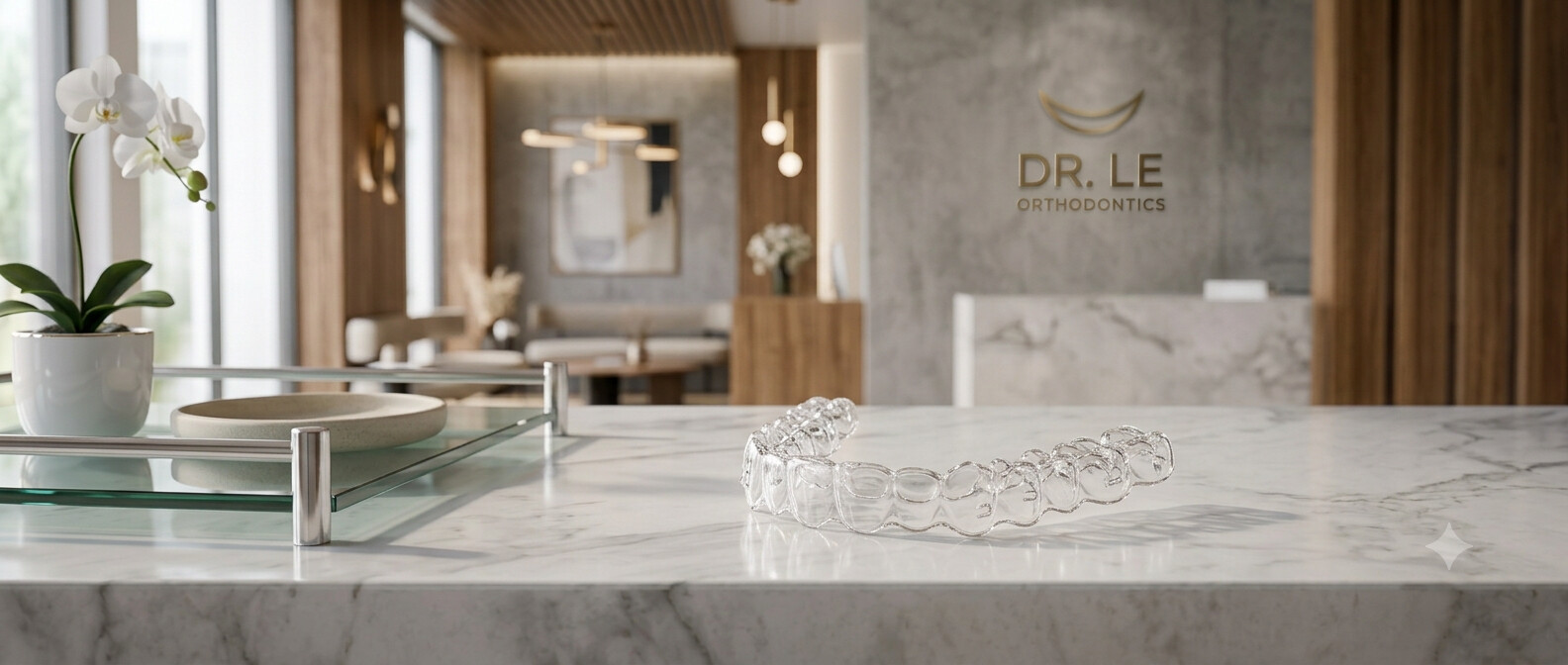 A clear orthodontic aligner resting on a marble counter in a calm, light-filled reception area